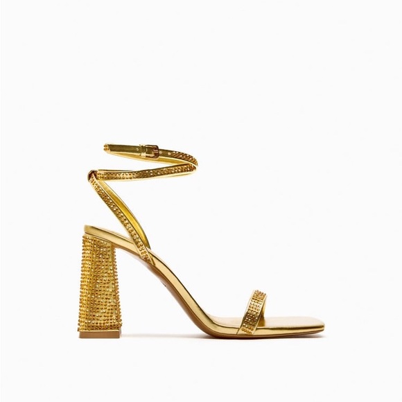 Zara Gold Block Heel Rhinestone Sandals - Picture 10 of 14